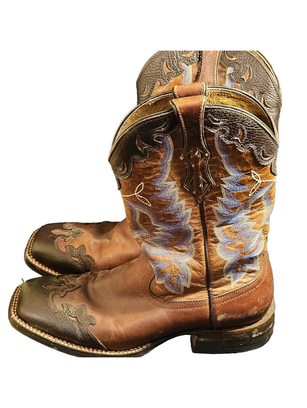 Ariat Real Deal Boots Tooled Leather Brown Purple Multi Tone Men's US 8.5 Cowboy